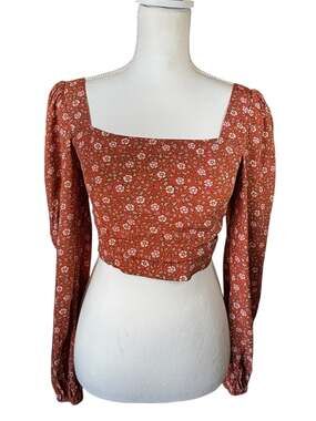 Elodie Orange Floral Long Sleeve Square Neck Crop Top Smocked Back Small